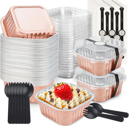 NPLUX 50 Pcs Mini Cake Pans with Lids and Spoons Aluminum Foil Mini Square Baking Cups with Lids Disposable Ramekins Cake Pans Dessert Cups for Wedding Mothers Day Gifts Party Favors(Pink,5oz)