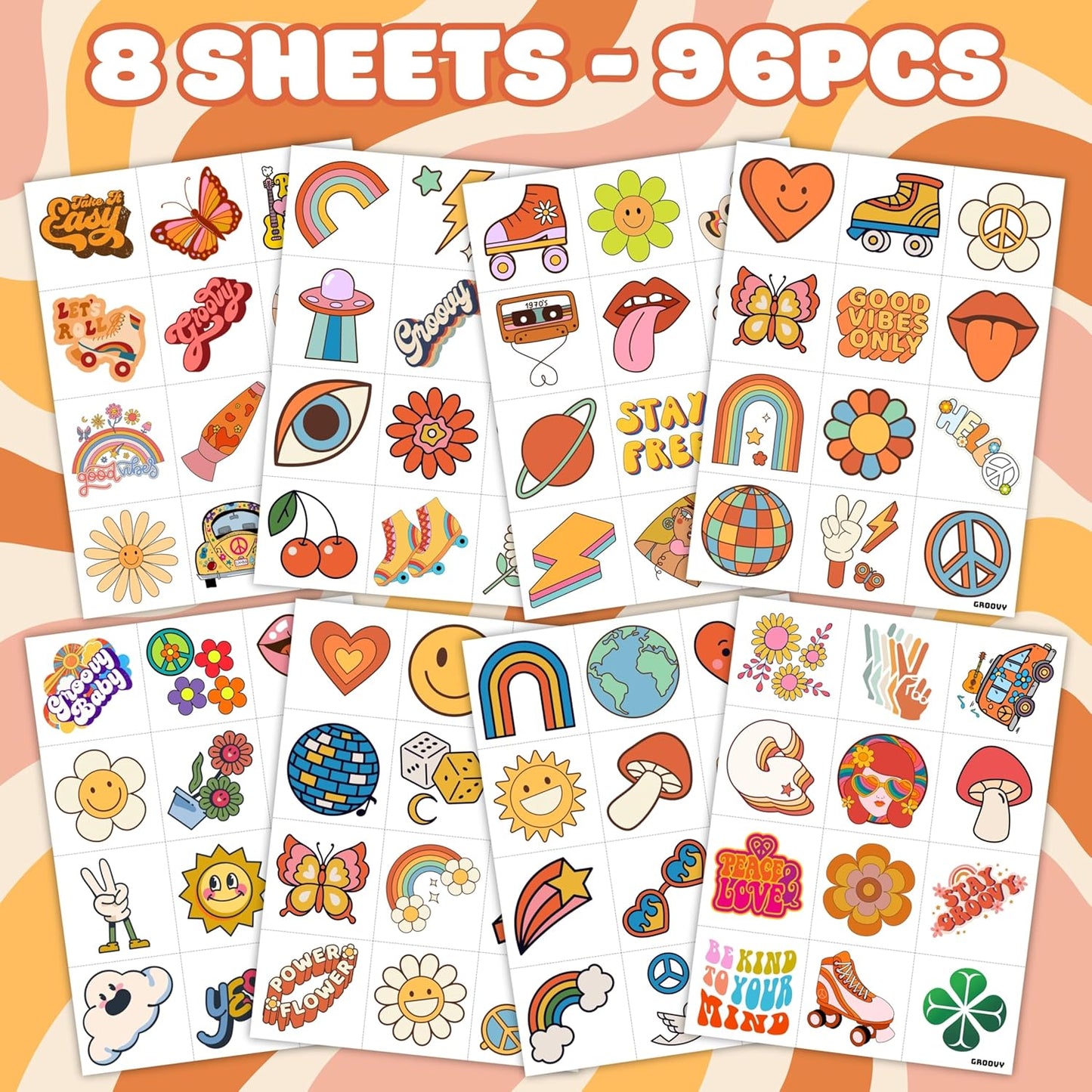 96PCS Groovy 70s Pre-Cut Temporary Tattoos - Retro Flower Power, Good Vibes Party Decorations & Favors | Cute Tattoos Stickers Gift for Kids, Boys & Girls, Prize Supplies (Normal)