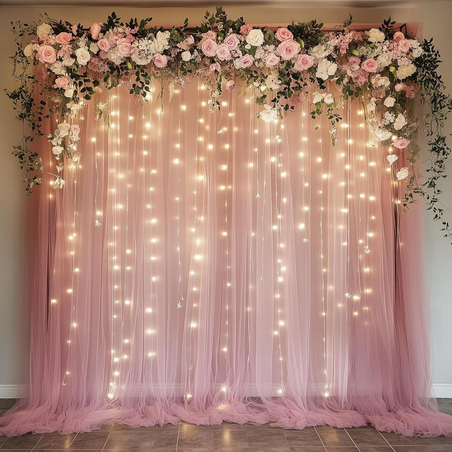 Fomcet Tulle Backdrop Curtains with Lights String White 10FT X 8FT Sheer Curtain with Lights Tulle Curtains Backdrop for Wedding Birthday Party Baby Shower Photo Shoot (2 Panels 5x8FT)