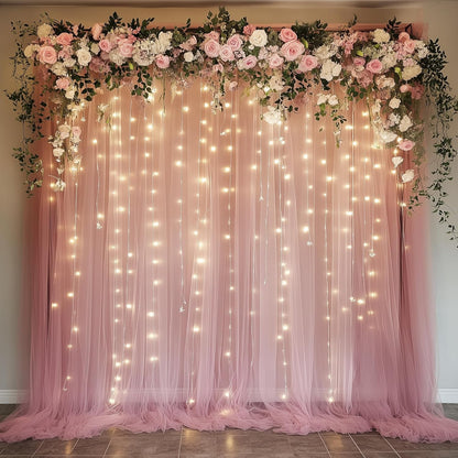 Fomcet Tulle Backdrop Curtains with Lights String White 10FT X 8FT Sheer Curtain with Lights Tulle Curtains Backdrop for Wedding Birthday Party Baby Shower Photo Shoot (2 Panels 5x8FT)