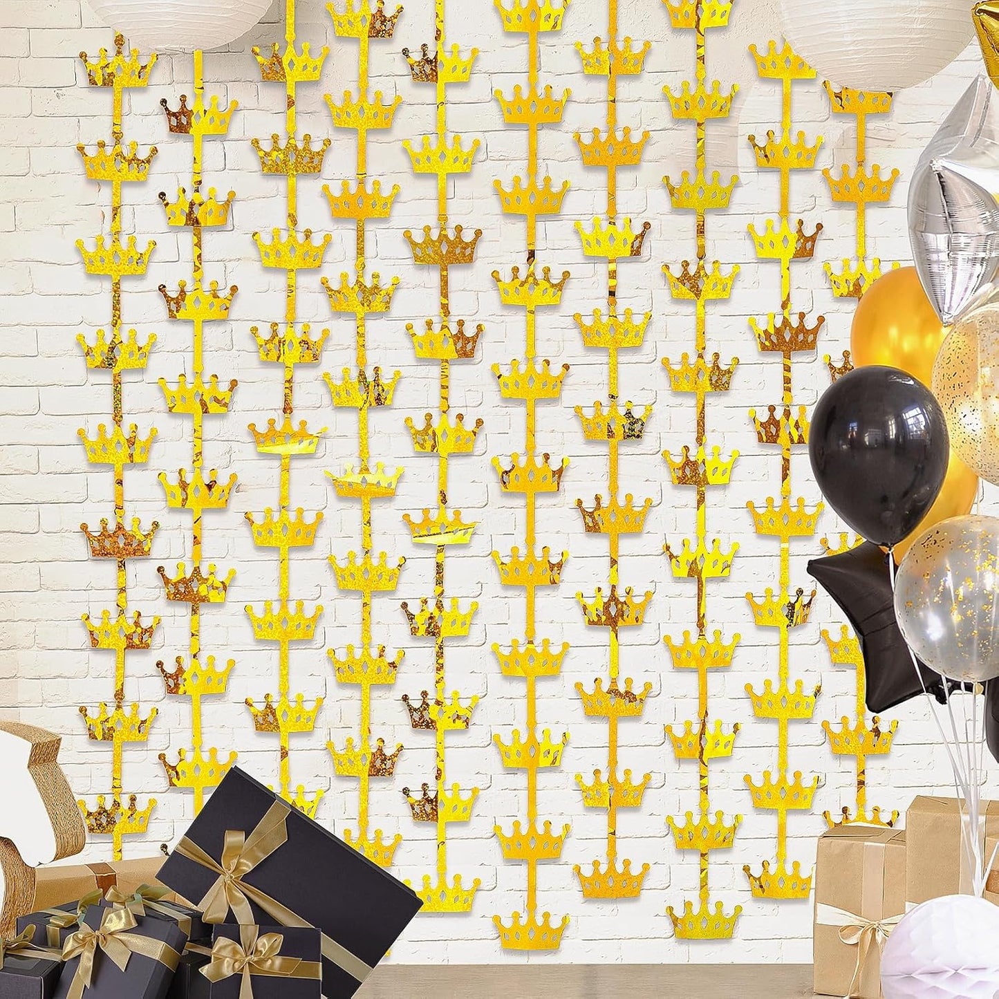 MENSTARSI King Crowns Party Decorations 2 Pack Gold Crown Photo Backdrop, 3.3x6.6ft Golden Foil Fringe Curtains Photo Booth Props for Men 1st 40th 50th Birthday Wedding Graduation Anniversary Decors