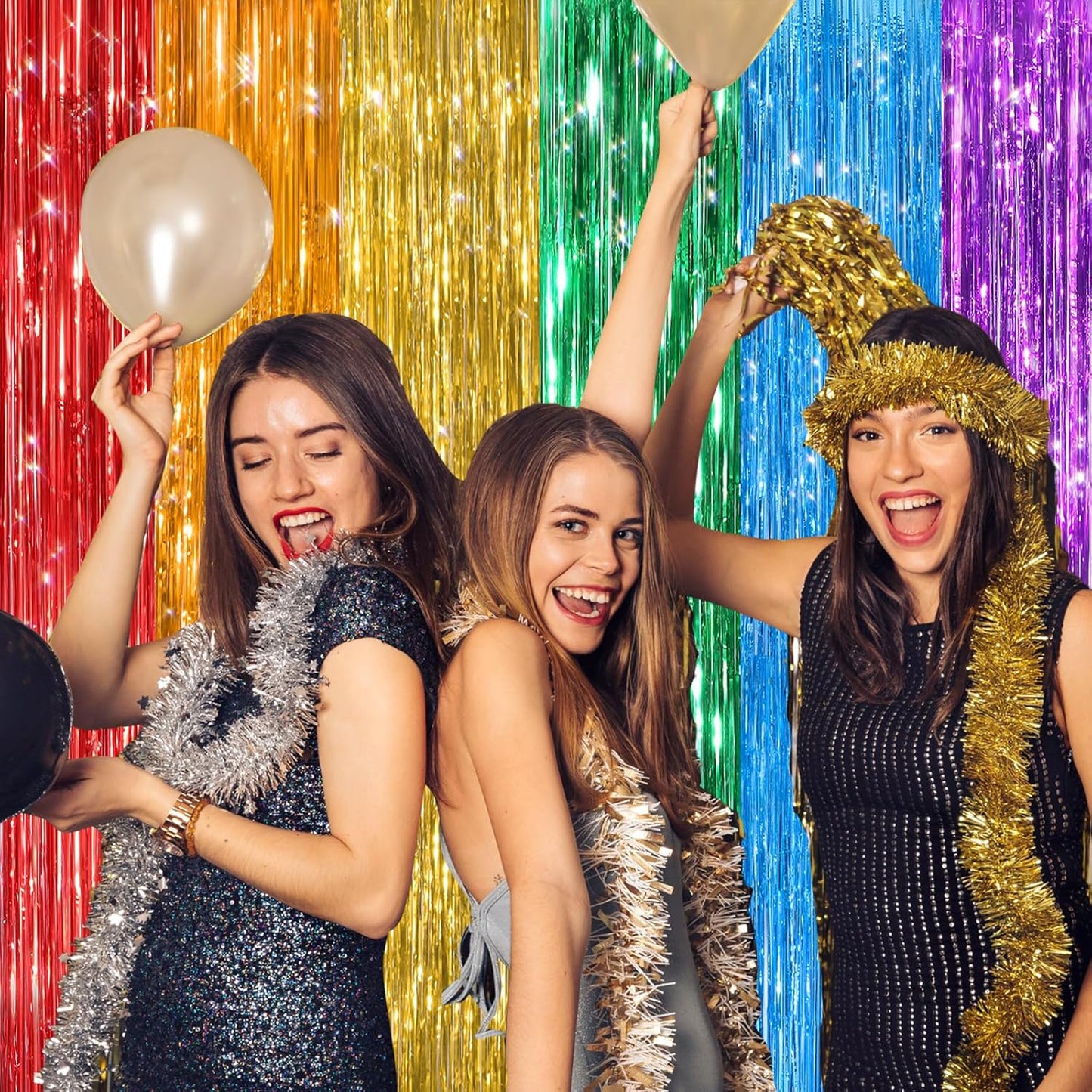GCB 2Pack Black Metallic Tinsel Foil Fringe Curtains, Black Foil Curtain Backdrop, Photo Booth Props for Birthday Wedding Baby Shower Bachelorette Xmas Celebration Party Decorations Door Streamers