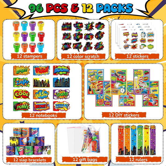 BenLouis 96 Pcs Hero Party Favors Hero School Stationery Bulk for Kids Classroom Hero Birthday Gift Candy Goodie Bag Fillers Hero Decor Pinata Prize Activity Supplies