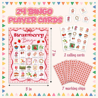 Strawberry Bingo Game, Summer Berry Party Bingo Cards for Adults, Strawberry Parties Supplies, Fruit Themed Birthday Party Favors for 24 Players, 06