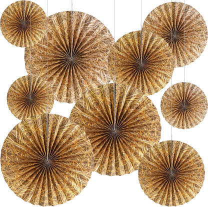Outus 9 Pcs Western Cowboy Party Decorations Paper Fans Wagon Wheels Straw Hay Bales Hanging Ceiling Wall Decor for Country Western Themed Rodeo Farm Birthday Party Supplies (Wagon Wheels)
