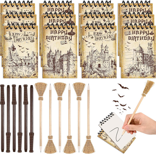 24 Pcs Magical Wizard Notepads Set Spiral Notebooks and Magic Wand Pencils Witch Broom Pencils Castle Magical Wizard School Mini Notepads Small Pocket Journal Goodie Bag Stuffers for Wizard School Classroom Favors Supplies