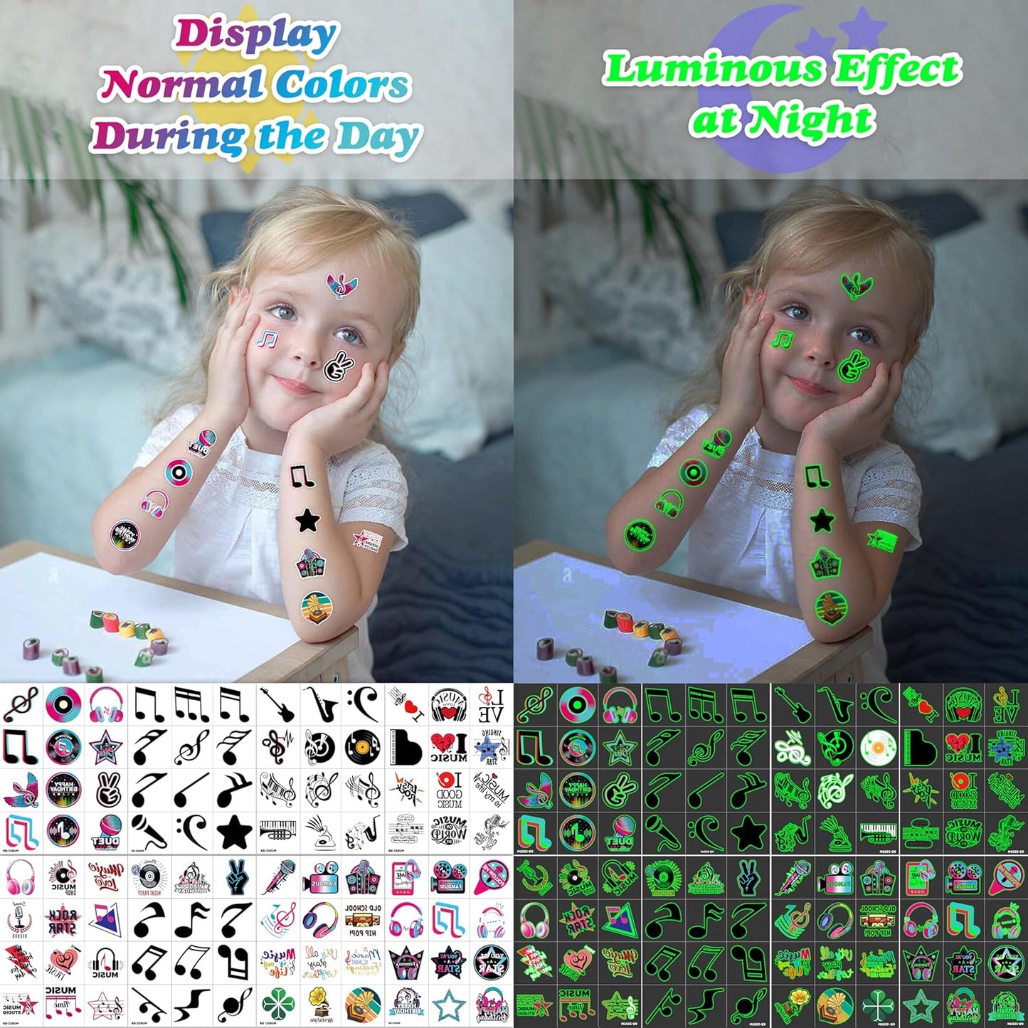 (96PCS) Music Note Notes Musical Motivational Pre-Cut Temporary Tattoos for Kids Birthday Themed Party Supplies Decorations Favors Super Cute Instrument Stickers Tattoo Gifts for Boys Girls Rewards