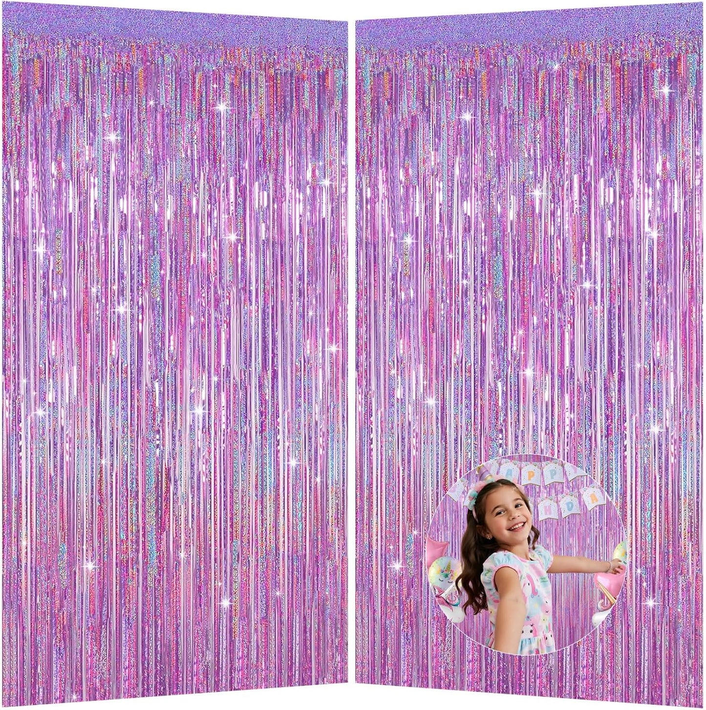 Iridescent Party Decorations Fringe Backdrop, Sparkling Holographic Foil Fringe Tinsel Curtains for Frozen Mermaid Birthday Party Decor - 3.28x6.56ft 2 Packs
