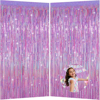 Iridescent Party Decorations Fringe Backdrop, Sparkling Holographic Foil Fringe Tinsel Curtains for Frozen Mermaid Birthday Party Decor - 3.28x6.56ft 2 Packs