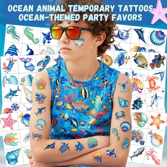 96PCS Ocean Temporary Tattoos Stickers - Under The Sea Themed Birthday Party Favors Adventure Ocean Birthday Party Decorations Accessories Supplies Gift For Kids Teens Adult Classroom Prizes Rewards