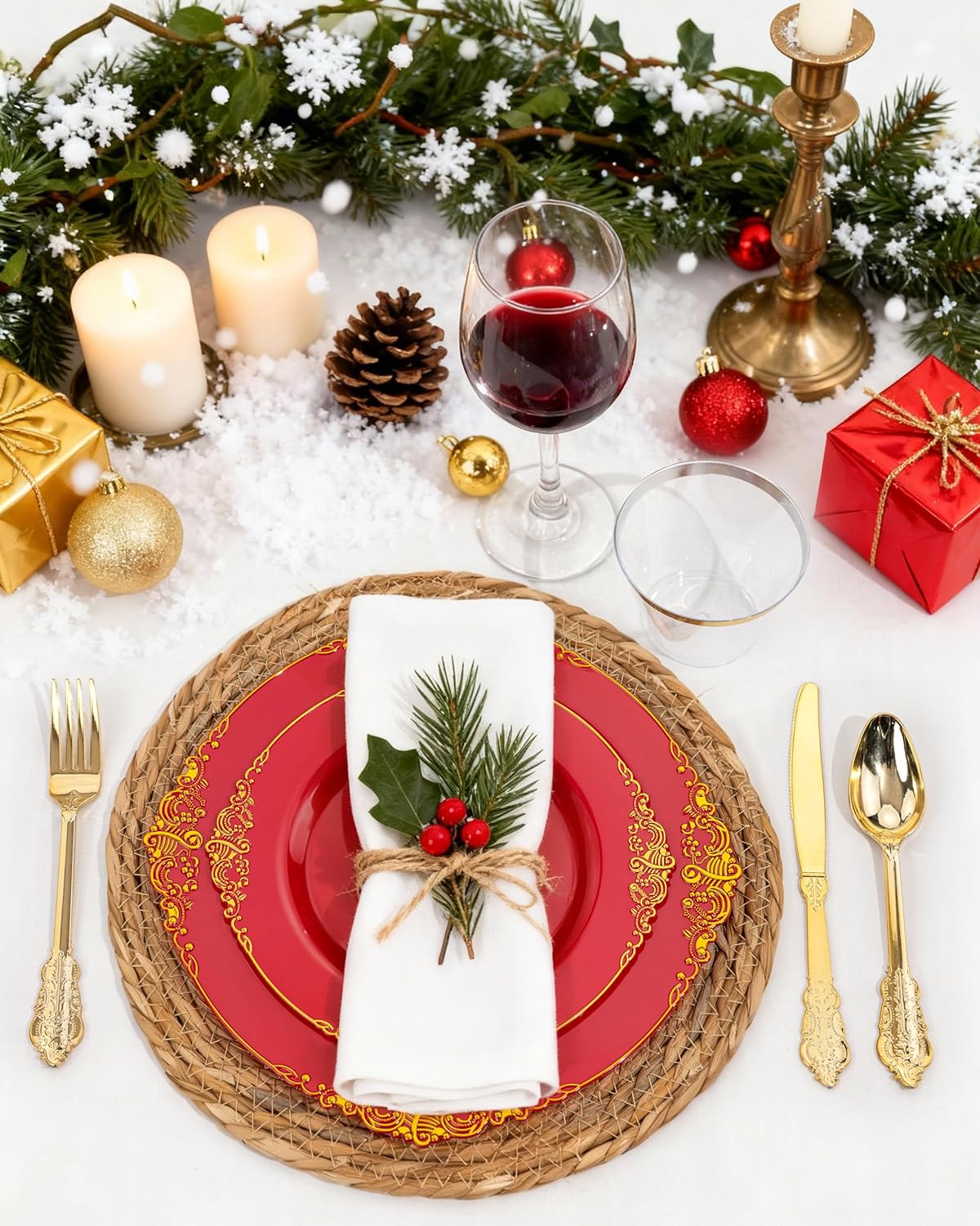 Nervure 350PCS Gold Plastic Plates - Gold Plastic Dinnerware Sets for 50 Guests - 100 Disposable Plates, 150 Silverware, 50 Cups, 50 Napkins for Wedding & Party & Mothers Day
