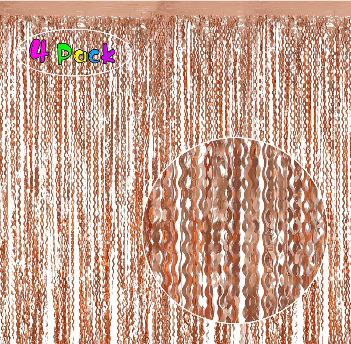 4 Pack Wavy Champagne Gold Metallic Tinsel Foil Fringe Curtains Backdrop - 3.3X6.6ft Foil Fringe Backdrop for Parties | Door Streamers for Birthday | Photo Booth Backdrops Party Decor