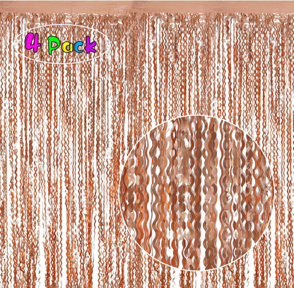 4 Pack Wavy Champagne Gold Metallic Tinsel Foil Fringe Curtains Backdrop - 3.3X6.6ft Foil Fringe Backdrop for Parties | Door Streamers for Birthday | Photo Booth Backdrops Party Decor