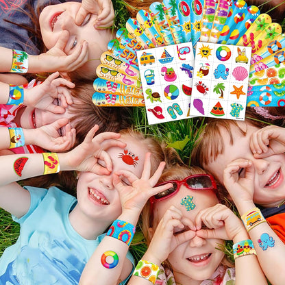 Cherisnowy 48PCS Beach Party Favors – 24PCS Temporary Pre - cut Tattoos & 24PCS Slap Bracelets – Summer & Ocean-Themed Birthday Supplies, Baby Shower Gifts, Classroom Rewards & Party Decor for Kids