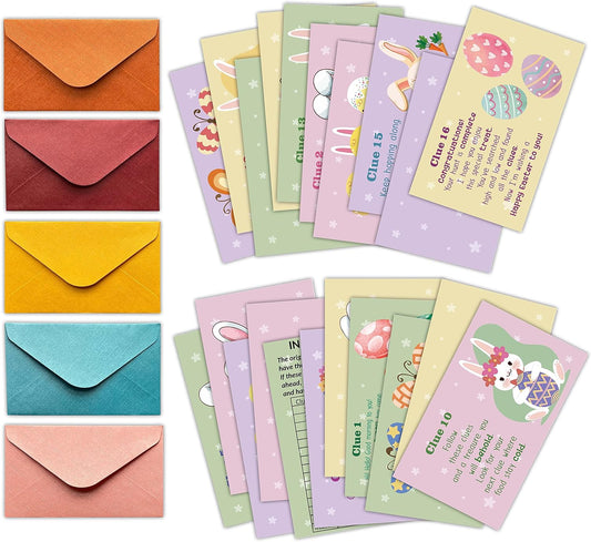 Easter Treasure Hunt Clues Game Cards, Bunny Scavenger Hunt Card Game(21 Cards With Envelopes), Indoor Ourdoor Party Games Supplies Activities for Adults Family Teachers Students(A05)