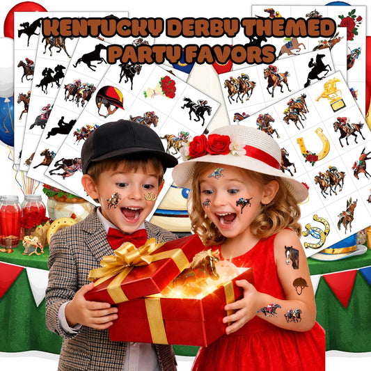 96 PCS Kentucky Derby Pre Cut Temporary Tattoos - Run For The Roses Horse Racing Fake Tattoos for Kids & Adults, Birthday Party Favors, Supplies & Classroom Prizes
