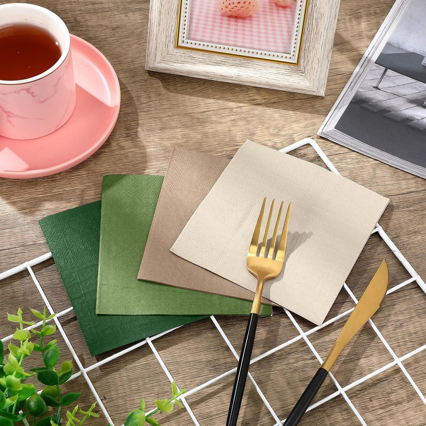 Layhit 100 Pcs Cocktail Napkins Disposable Beverage Napkins Square Paper Dessert Tissue for Wedding Birthday Celebration Party Supplies(Brown Series,5 x 5 Inch)