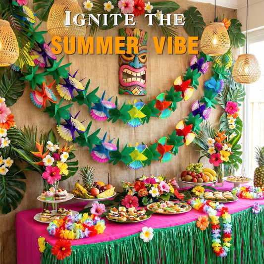 FUTUREPLUSX 2 Pack Tropical Garland Party Decorations, 20ft Multicolored Tissue Paper Hibiscus Flower Summer Banner for Beach Theme Luau Hawaiian Party Supplies Jungle Birthday Decor