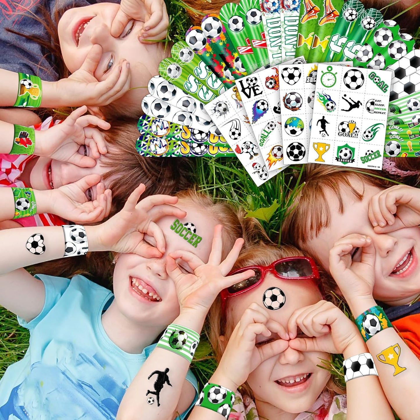 Cherisnowy 72 PCS Soccer Party Favors - 48 Temporary Pre-Cut Tattoos & 24 Slap Bracelets - Fun Party Favors for Boys & Girls, Birthday Goodie Bag Fillers, Baby Shower Gifts, Classroom Rewards