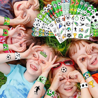 Cherisnowy 72 PCS Soccer Party Favors - 48 Temporary Pre-Cut Tattoos & 24 Slap Bracelets - Fun Party Favors for Boys & Girls, Birthday Goodie Bag Fillers, Baby Shower Gifts, Classroom Rewards