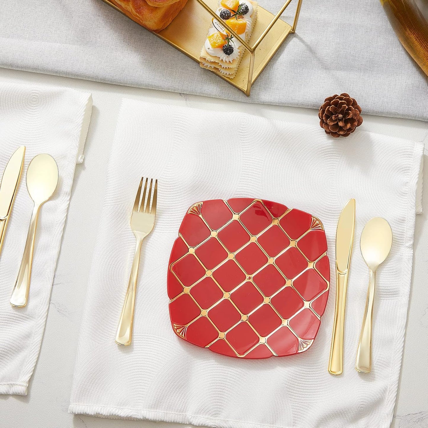 N9R 60PCS Gold Plastic Silverware - Gold Plastic Cutlery Set Disposable Flatware Dinnerware -30 Forks, 15 Spoons, 15 Knives for Party, Thanksgiving, Christmas