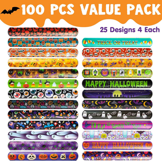 JOYIN 100 PCS Halloween Slap Bracelets for Kids, Halloween Bracelets Bulk for Girls Boys Gifts, Friendship Bracelets Snap Bracelets for Halloween Party Favors Goodie Bag Fillers