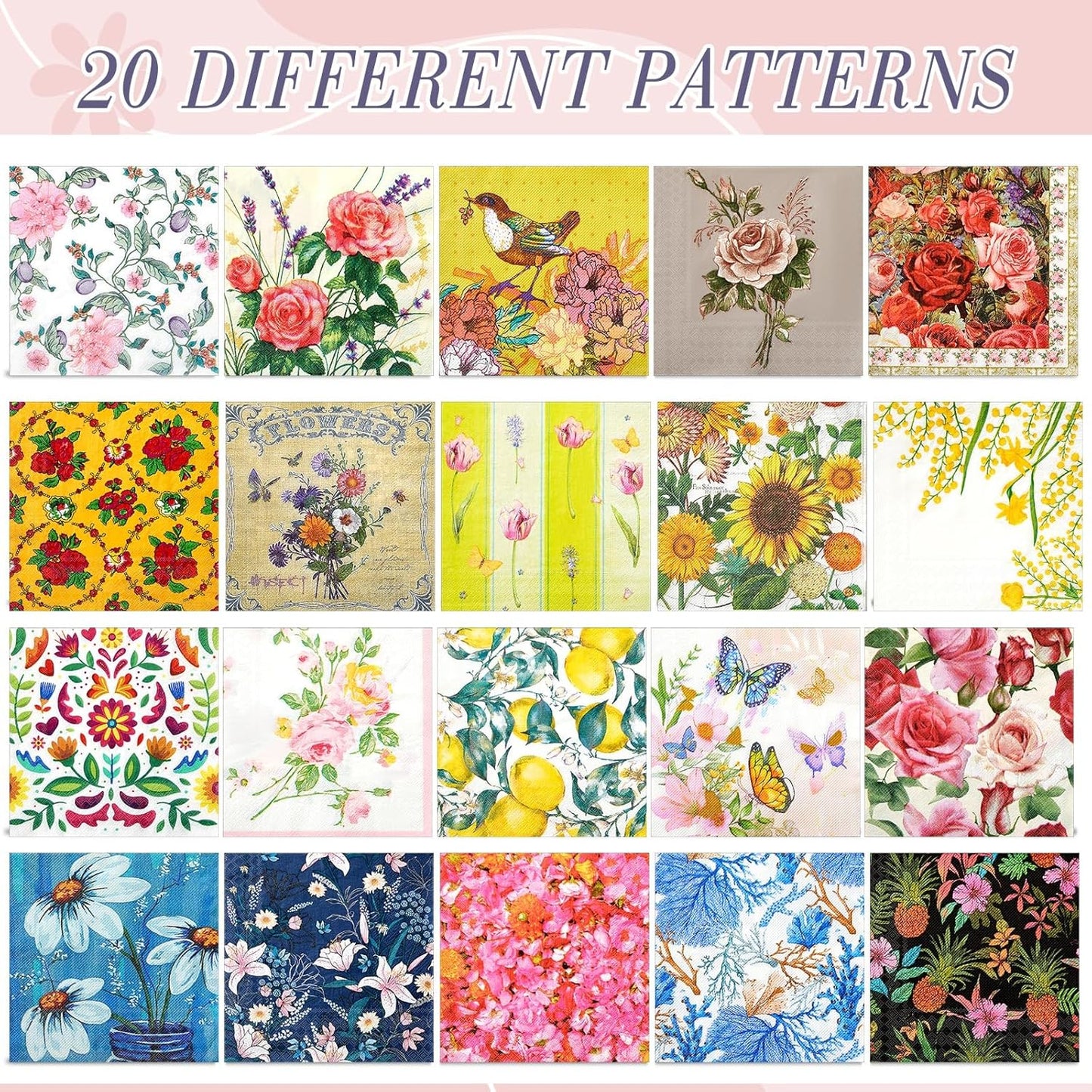 Crtiin 20 Pack Decoupage Napkins Floral Napkins Flower Cocktail Paper Decorative Toilet for Valentine's Day Birthday Party Beautiful Gorgeous, 20 Styles Each 6.5 Inches(Style 1)
