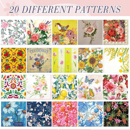 Crtiin 20 Pack Decoupage Napkins Floral Napkins Flower Cocktail Paper Decorative Toilet for Valentine's Day Birthday Party Beautiful Gorgeous, 20 Styles Each 6.5 Inches(Style 1)