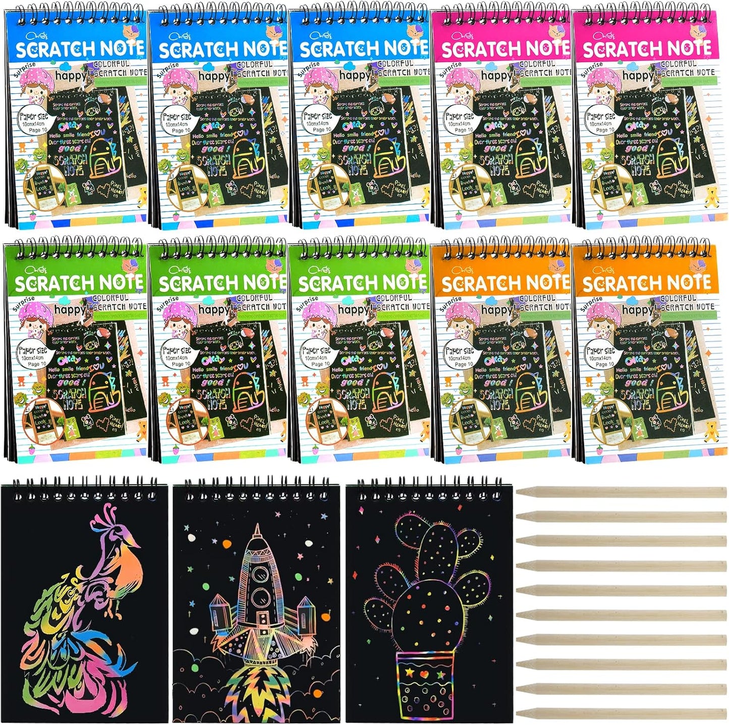 Blcculi 10 Pack Rainbow Scratch Notebooks,Scratch Note Pads,Rainbow Scratch Notes with Wooden Stylus,Scratch Art for Party Favors Arts and Crafts Activity