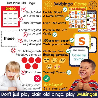 THE BAMBINO TREE Sight Word Bingo Game Level 1 and 2 - Educational Games for Kids - Learn to Read Vocabulary for Kindergarten 1st Grade - Dolch's Fry's Words Lists