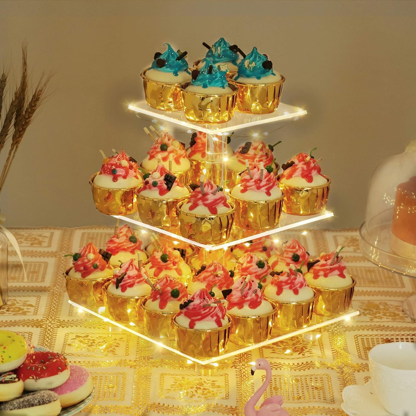 YestBuy Cupcake Stand with Yellow Led Lights, 4 Tier Cupcake Stand for 50 Cupcakes, Acrylic Cupcake Tower Stand, Clear Tiered Cupcake Holder for Birthday Cady Bar Décor Weddings, Parties Events