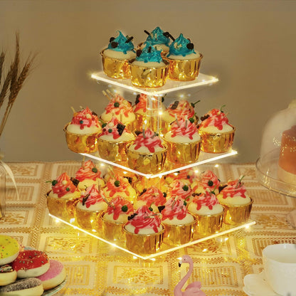 YestBuy Cupcake Stand with Yellow Led Lights, 4 Tier Cupcake Stand for 50 Cupcakes, Acrylic Cupcake Tower Stand, Clear Tiered Cupcake Holder for Birthday Cady Bar Décor Weddings, Parties Events