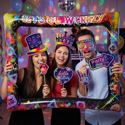 Hawaiian Photo Booth Props & Inflatable Frame, 30Pcs Luau Photobooth Props with Large Inflatable Inflatable Selfie Picture Frame for Summer Tropical Aloha Luau Party Selfie Supplies