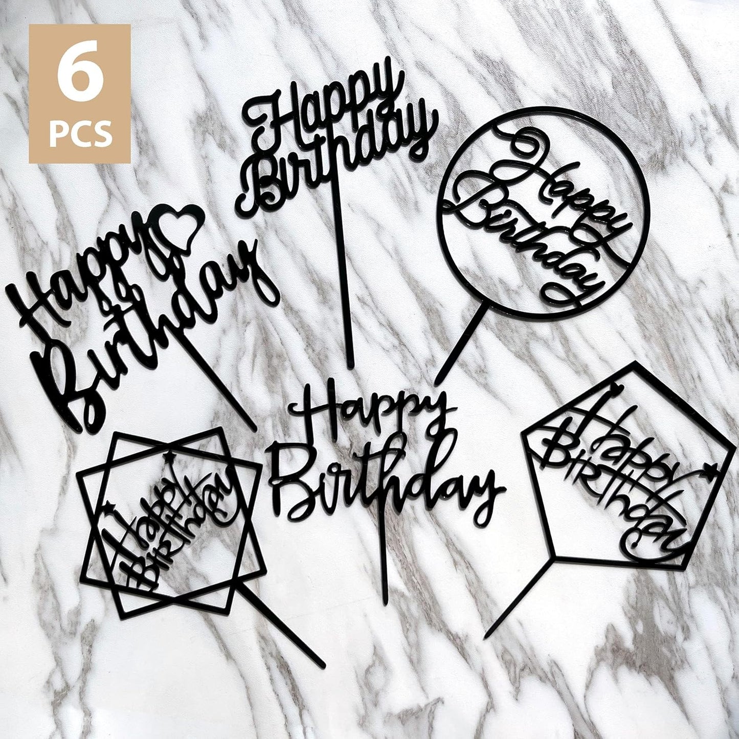 6-Pack Gold Cake Topper Set, Double-Sided Glitter, Acrylic Happy Birthday Cupcake Toppers, Birthday Decorations for Children or Adults.