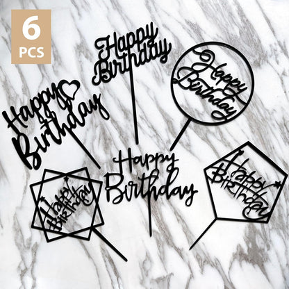 6-Pack Gold Cake Topper Set, Double-Sided Glitter, Acrylic Happy Birthday Cupcake Toppers, Birthday Decorations for Children or Adults.