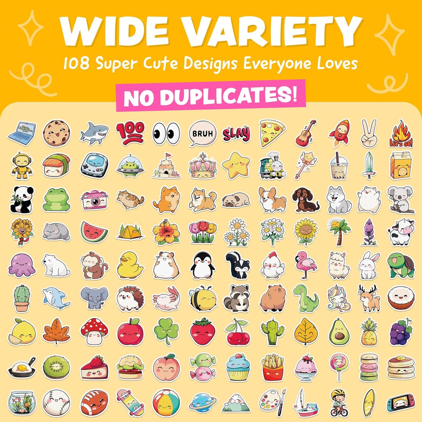 Cute Stickers for Kids - Kawaii Water Bottle Stickers for Teens - 108pc Sticker Pack - Waterproof Vinyl Stickers for Water Bottles, Scrapbook, Laptops, Etc.