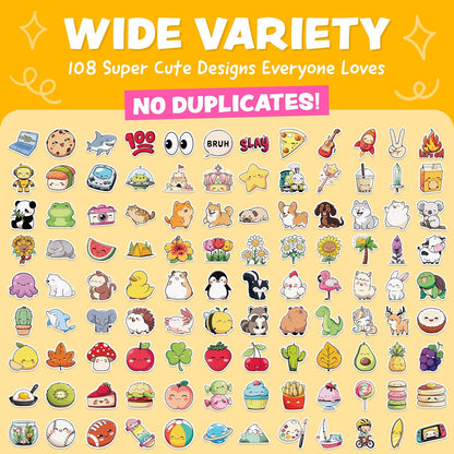 Cute Stickers for Kids - Kawaii Water Bottle Stickers for Teens - 108pc Sticker Pack - Waterproof Vinyl Stickers for Water Bottles, Scrapbook, Laptops, Etc.