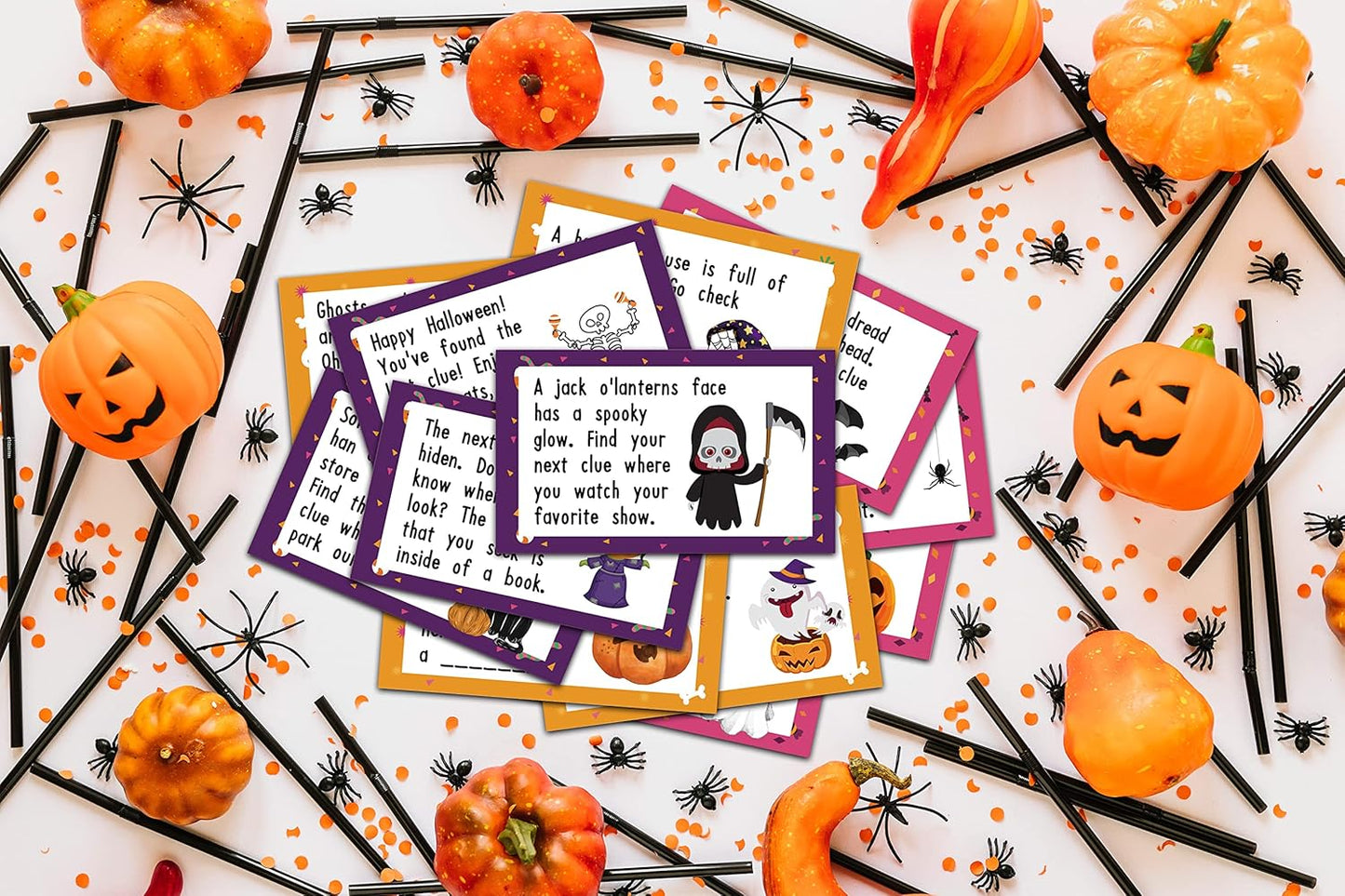 MagicalParty Scavenger Treasure Hunt - Fall Halloween Game Cards With Witch & Pumpkin, 12 Cards With Colourful Envelopes