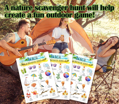25 Pcs Beach Scavenger Hunt Cards, Outdoor Scavenger Hunts, Camping Scavenger Hunt Game Set, Outdoor Travel Seek Activity, Summer Holiday Party Games for Family Friend, A05