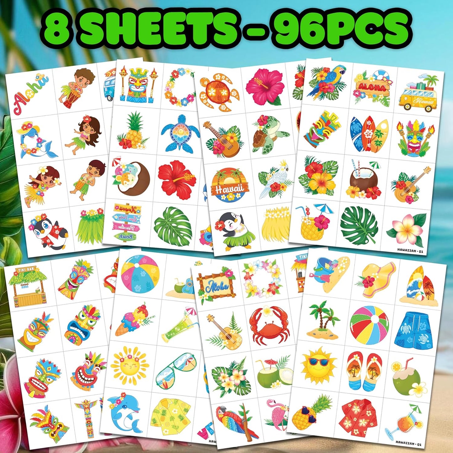 96 PCS Hawaiian Luau Pre-Cut Temporary Tattoos for Kids | Super Cute Themed Birthday Party Favors, Supplies, Decorations, Summer Fake Tattoo Stickers (Multiple)