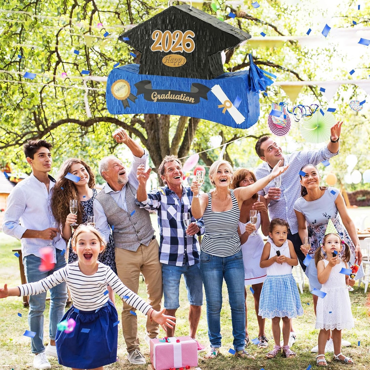 2026 Graduation Piñata with Stick,Blindfold,Confetti - 15.8 Inch Congrats Grad Cap Piñata Yellow End of Year Piñata Party Decoration for Kindergarten School Elementary College Games (Style 2)