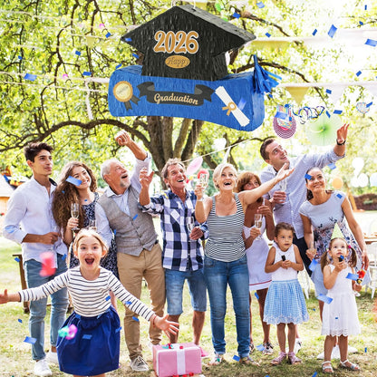 2026 Graduation Piñata with Stick,Blindfold,Confetti - 15.8 Inch Congrats Grad Cap Piñata Yellow End of Year Piñata Party Decoration for Kindergarten School Elementary College Games (Style 2)