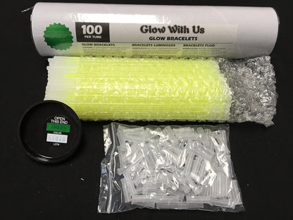 Glow Sticks Bracelets Bulk Wholesale, 100 8” Yellow Glow Bracelets, Bright Color, Glow 8-12 Hrs, 100 Connectors Included, Glow Party Favor Supplies, Sturdy Packaging, Great Fun.