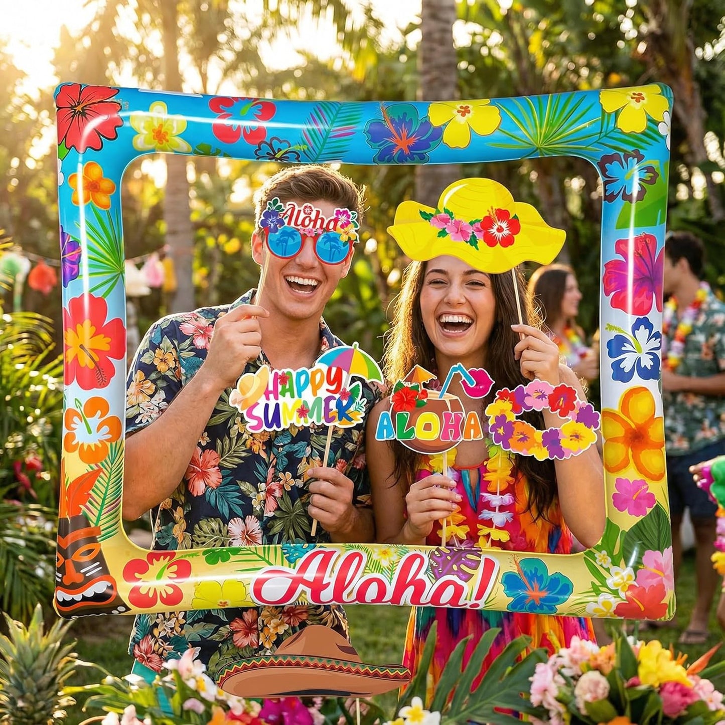 Hawaiian Photo Booth Props & Inflatable Frame, 30Pcs Luau Photobooth Props with Large Inflatable Inflatable Selfie Picture Frame for Summer Tropical Aloha Luau Party Selfie Supplies