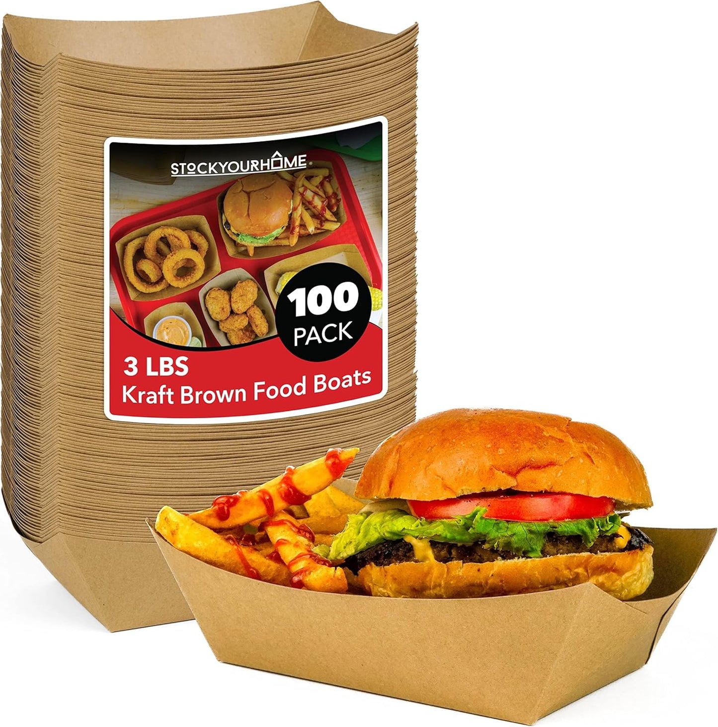 [250 Pack] Medium Disposable Brown Kraft Paper Food Trays, 1-Lb Concession Tray, Serving Boats for Party Snacks, Taco Bar, Seafood, Nachos Plates