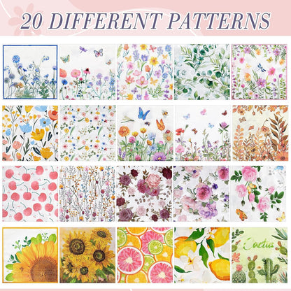 Crtiin 20 Pack Decoupage Napkins Floral Napkins Flower Cocktail Paper Decorative Toilet for Valentine's Day Birthday Party Beautiful Gorgeous, 20 Styles Each 6.5 Inches(Style 1)