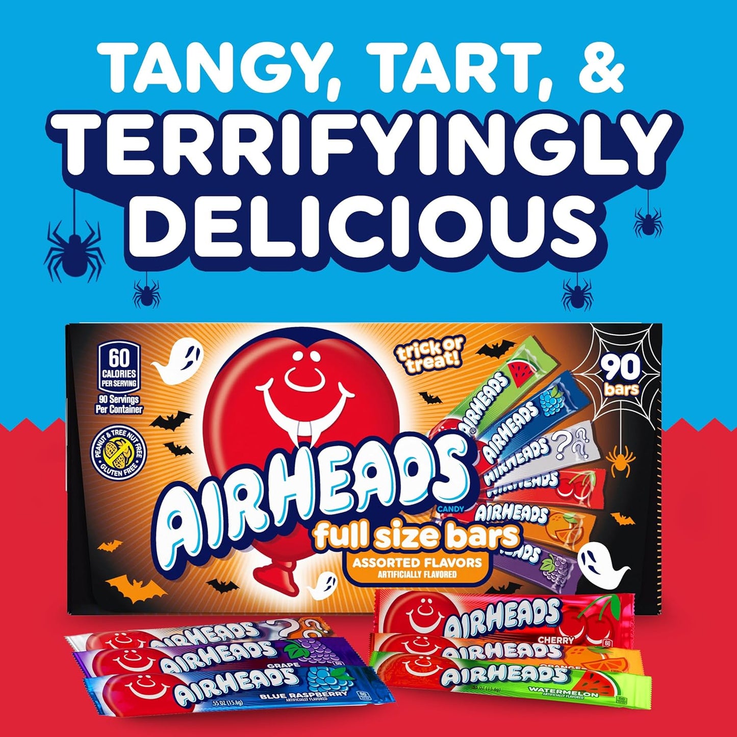 Airheads Full-Size Candy Bars, Taffy Candy Bulk Variety Pack, Individually Wrapped, Six Assorted Fruit Flavors Artificially Flavored, 60 Count Box