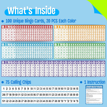 100-Pack Number Bingo Game Cards, Disposable Reusable Multi-Color Paper Sheets for Kids, Numbers 1-75 Bingo Board Game for Parties, School, Classroom, Family Gathering Activity, Travel, Road Trip