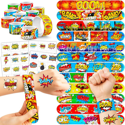 Cherisnowy 72PCS Hero Party Set - 48PCS Temporary Tattoos & 24PCS Slap Bracelets - Themed Pow Birthday Supplies, Baby Shower Gifts, Classroom Rewards & Party Decor for Kids