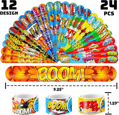 Cherisnowy 72PCS Hero Party Set - 48PCS Temporary Tattoos & 24PCS Slap Bracelets - Themed Pow Birthday Supplies, Baby Shower Gifts, Classroom Rewards & Party Decor for Kids